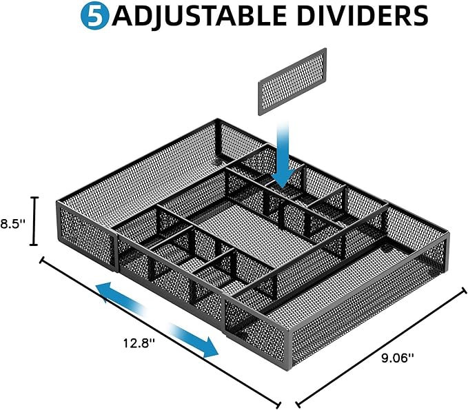 Marbrasse Expandable Desk Drawer Organizer, Mesh Drawer Organizer Tray with 10 Adjustable Compartments, Desk Organizers and Accessories for Office Supplies, Makeup & Vanity (Expandable Black-2 pack)