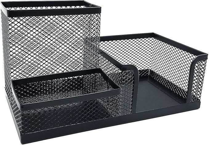 Mesh Desk Organizer,Desktop Organizer Metal Office Supplies Caddy with Pencil Holder and Storage Baskets for Desk Accessories, 3 Compartments Black
