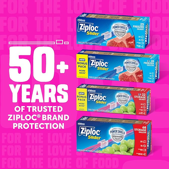 Ziploc Quart Food Storage Slider Bags, Power Shield Technology for More Durability, 42 Count