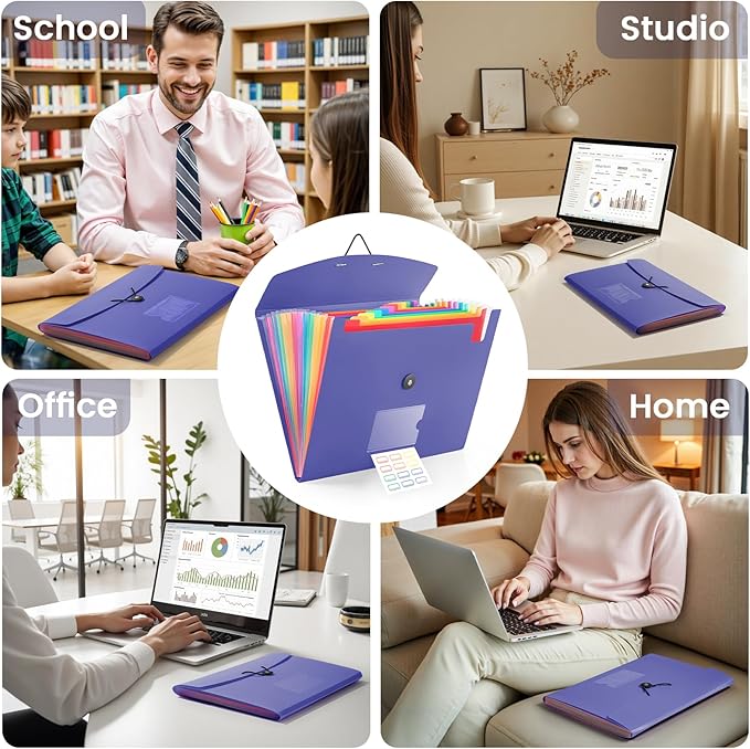 13 Pocket Accordion File Organizer with Elastic Closure, Expanding File Folder for Letter Size A4 Papers, Ideal for Home, Office Supplies, College Essentials - BluePurple