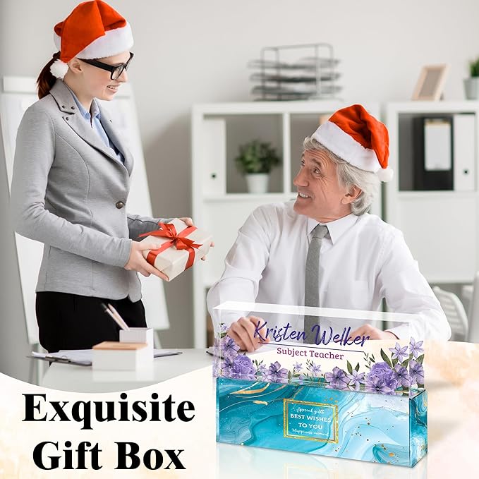 Ship Next Day-Custom Name Plate for Desk, Desk Name Plate Personalized, Acrylic Office Desk Accessories, Appreciation Gifts for Coworkers EmployeeTeachers Boss Women Men (Purple Flowers)