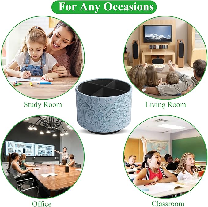 Hennaja Round Leather Art Supply Organizer,Remote Control Holder,360 Degree Spinning,Multi-Functional Pencil Holder,4 Compartments Desktop Stationary Organizer(1-Carved Light Blue)