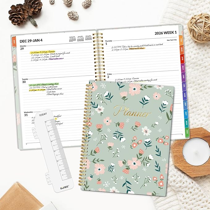 SUNEE 2026 Weekly and Monthly Planner - from January 2026 - December 2026, 8.5"x11" Daily Agenda Planner with Monthly Tab, Flexible Cover, Note Pages, Pockets, Bookmark, Green Wildflowers