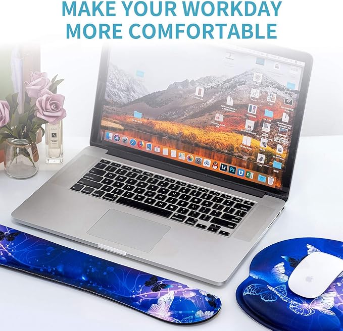 RICHEN Keyboard Wrist Rest and Mouse Pad with Wrist Support, Memory Foam Set for Gaming and Office, Comfortable & Lightweight for Easy Typing & Pain Relief (White Butterflies)