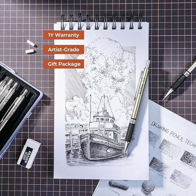 Nicpro 0.9 mm Art Mechanical Pencils Set in Gift Case, 6 PCS Metal Drafting Pencil 0.9mm with 6 Tube HB Lead Refills & 18 PCS Eraser Refills for Adults, Children, Artist Writing, Drawing, Sketching