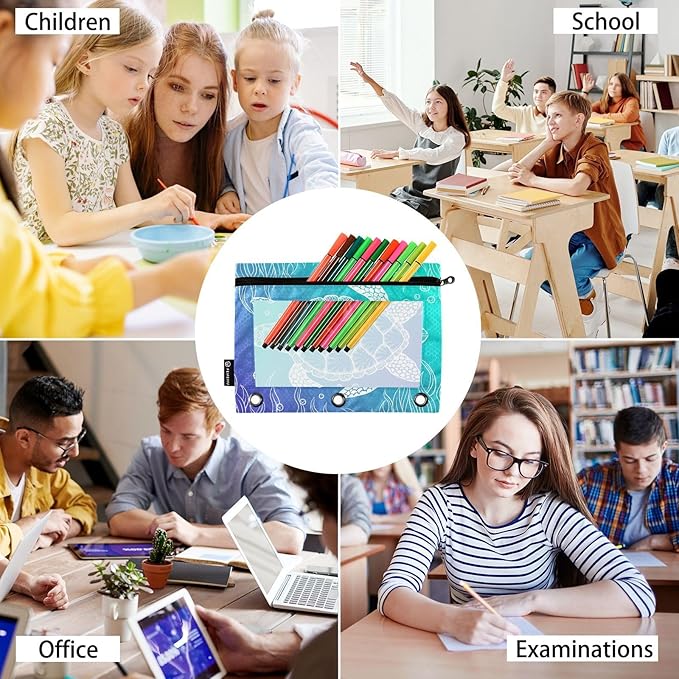 ALAZA Pencil Pouch for 3 Ring Binder, Underwater Sea Turtle Seaweed Print Binder Pencil Pouches with Clear Window Zipper Pencil Case Cosmetic Bags for Office College Supplies, 2PCS