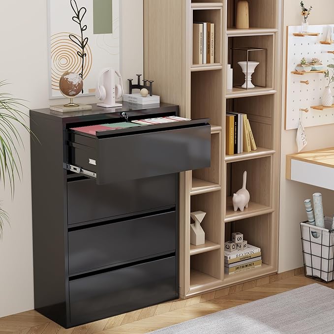 INTERGREAT 4 Drawer File Cabinet, Lateral File Cabinet with Lock, Metal Office Filing Cabinet with Adjustable Frame for Legal, Letter, A4 Files, Fast Assembeld, Black
