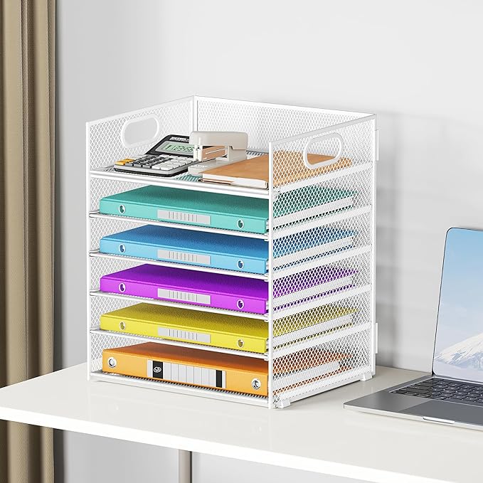 6 Tray Paper Organizer Letter Tray with Handle - Mesh Desk File Organizer, Paper Sorter Organizer for Office, Home or School File Folder Holder - White