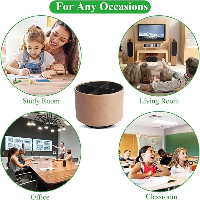 Hennaja Round Leather Art Supply Organizer,Remote Control Holder,360 Degree Spinning,Multi-Functional Pencil Holder,4 Compartments Desktop Stationary Organizer(1-Oil Yellow)