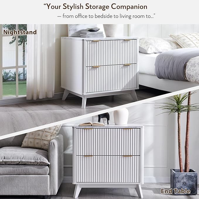 T4TREAM 2 Drawer File Cabinet, 30" Fluted Lateral File Cabinet w/Files Hanging Rod for Letter/Legal/A4, Large Tabletop for Printer, Office Wood Printer Cabinets, White