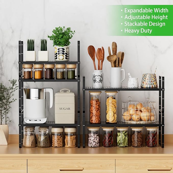 Expandable Cabinet Storage Shelf Stackable Organizer Rack for Kitchen Bathroom Pantry Spice Cupboard Coffee Countertop Home Office Desk Heavy Duty Nonslip Black Large 2 Packs