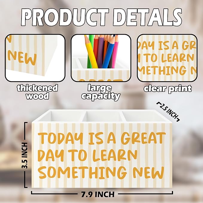 Inspirational Pen Pencil Holder Organizer for Desk, Motivational Gifts for Women, Today Is a Great Day to Learn Something New Wooden Box Sign for Home Office Desk Tabletop Decorations