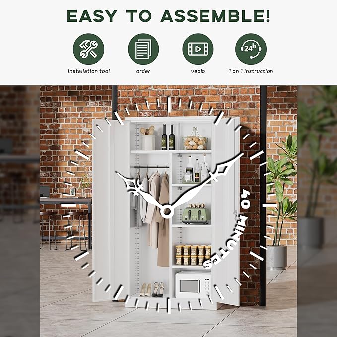 Greenvelly Metal Wardrobe Cabinet with Locking Doors, 72"H White Metal Wardrobe Closet with Hanging Rods and Adjustable Shelves, Clothing Storage Closet for Home, Office, Employee, Gym (16" D x 32" W)