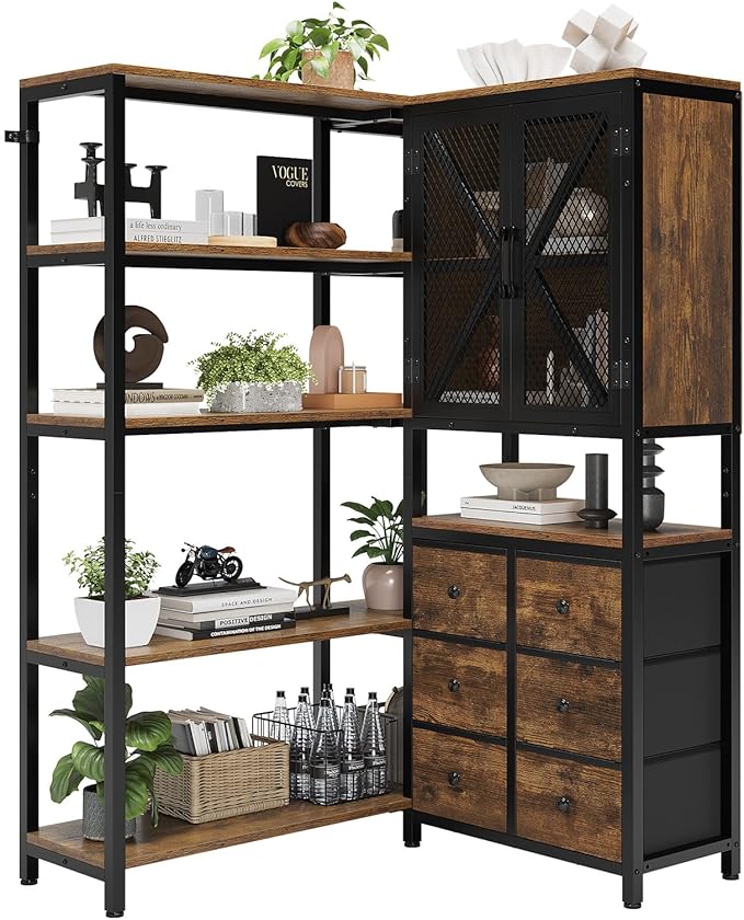 Corner Bookshelf, 5 Tier Industrial Convertible Bookshelf with 6 Fabric Drawers, Corner Bookcase Large L Shaped Storage Display Shelf for Home Office, Living Room, Kitchen, Rustic Brown