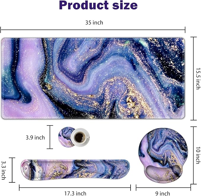 ARTSO Large Mouse Pad Ergonomic Keyboard Wrist Rest Support Combo, Memory Foam Gel Wrist Pad, Extended Desk Mat Protector, Non-Slip Desk Blotter, Purple Marble