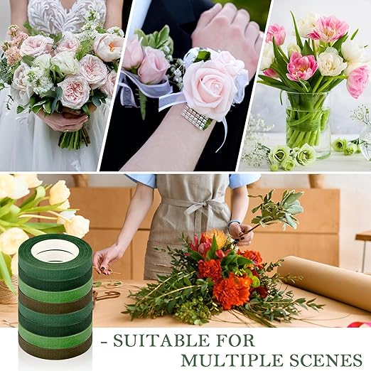 8 Rolls Floral Tape, 1/2" Wide Flower Tape, Mix Green Floral Tape for Fresh Flowers, Adhesive Florist Tape for Floral Crafts, Bouquet Floral Arranging Stem Wrapping, Wedding Bouquet, 30Yard