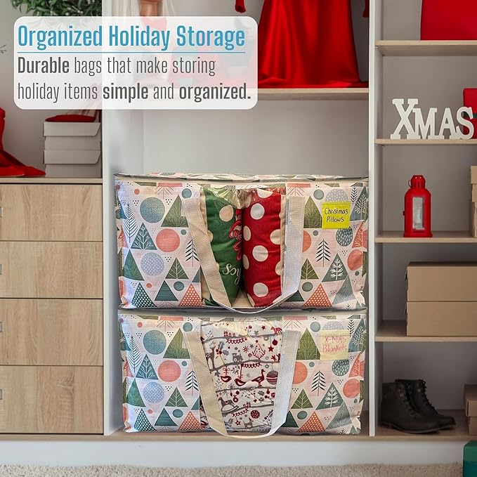 VENO 4 Pack Moving Bags, Large Christmas Storage Bins with lids, Packing Supplies for College, Alternative to Moving Boxes, Foldable, Heavy-Duty Tote, Christmas Pattern (Pastel Forest, 4 Pack)