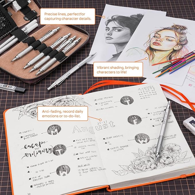 Nicpro 33PCS Metal Mechanical Pencil Set in Leather Case, Art Drafting Pencil 0.3, 0.5, 0.7, 0.9 mm, 2mm Lead Pencil Holders for Sketching Drawing With 18 Tube (6B 4B 2B HB 2H 4H Colors) Lead Refills