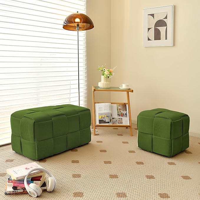 Ottoman Foot Rest Soft and Comfortable Ottoman Square Corduroy Woven Design Sofa Stool (Green-L)