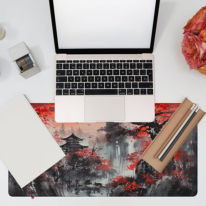 Desk Mat, Red Landscape Painting Desk Pad, Ink Painting Large Gaming Mouse Pad for Desk, 31.5"x15.7" Extended Big Computer Keyboard Mouse Pad with Non-Slip Base and Stitched Edge