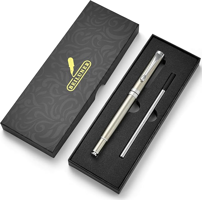 BEILUNER Silver Ballpoint Pens, Stainless Steel Body, Smooth Writing Experience, Dishwasher Safe, Gift Box with Extra Refill