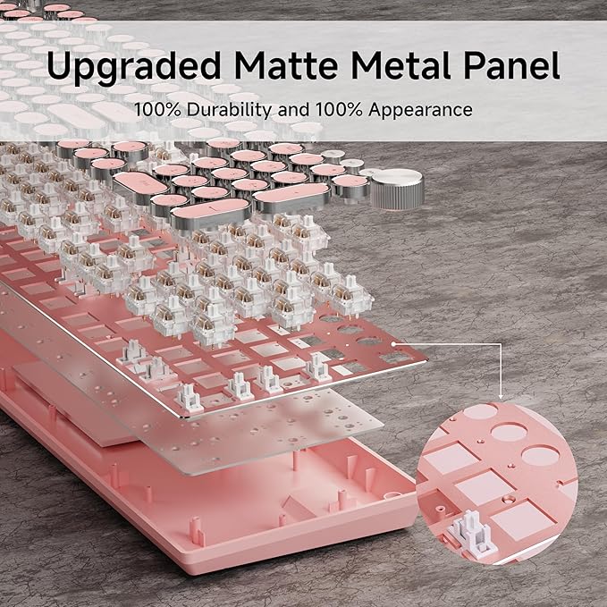 EWEADN Typewriter Style Mechanical Gaming Keyboard, Wired Mechanical Keyboards,104 Keys Backlit LED Keyboards, Media Control Knob, Wired Computer Keyboard White Switch for Windows/Mac/PC-Dark Pink