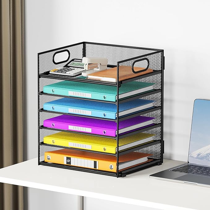 6 Tray Paper Organizer Letter Tray with Handle - Mesh Desk File Organizer, Paper Sorter Organizer for Office, Home or School File Folder Holder -Black
