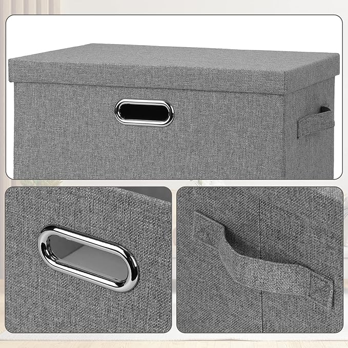 Large 17" 36 Quart Collapsible Stackable Storage Bins with Lids, 3 Packs Grey Linen Fabric Closet Boxes with Lids, Storage Cube Baskets Container Organizers for Bedroom Office(17 x12 x11)