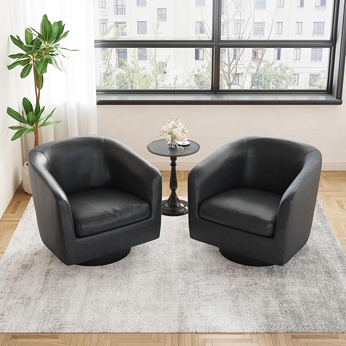 UIXE Faux Leather Swivel Accent Chairs Set of 2, Modern Upholstered Barrel Chairs for Living Room, Comfy Round Armchair Single Sofa Bedroom Reading Seat - 31" W, Black