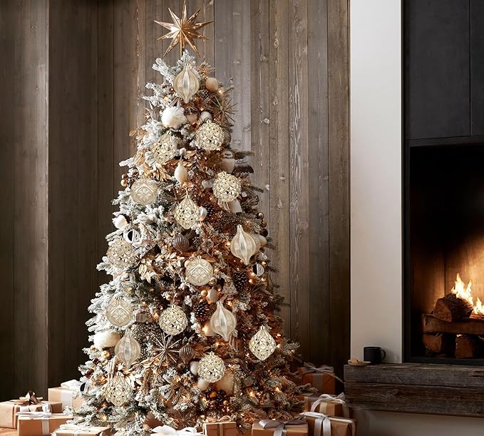 Hollyone 4.7 Inch Large Champagne Gold Christmas Ornaments 4Pcs Shatterproof Christmas Hanging Tree Balls for Xmas Tree Decor with Hook for Wedding Holiday Party Wreath Home Decor (Champagne, 120mm)