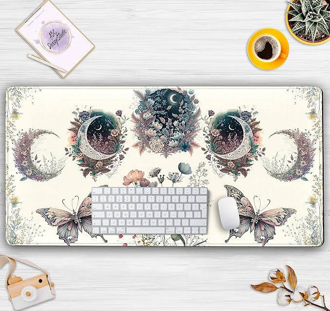 Beige Flowers Desk Mat Mousepad Cute Boho Plants Large Extended Gaming Mouse Pad XXL 31.5x15.75 in, Aesthetics Floar Butterfly Moon Laptop Keyboard and Mouse Mat for Women Office Gamer Girl Decor