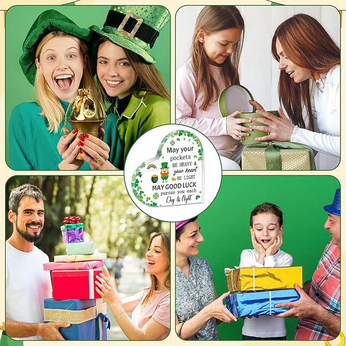 Yopyame St. Patricks Day Gifts - Irish Blessing Four Leaf Clover Acrylic Heart Sign Desk Decor May Your Pockets Be Heavy Shamrocks Keepsake Paperweight for Women Home Table Office Desk Shelf Mantle