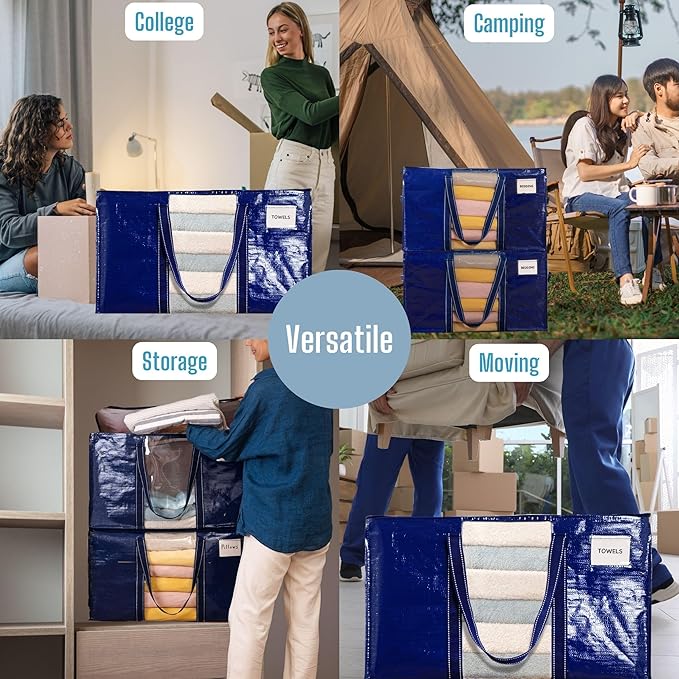 VENO 4 Pack Moving Bags, Moving Supplies, Moving Boxes, College Packing Storage Boxes with Lids Alternative, Heavy Duty Totes, Extra Large, Sturdy Handles, Zipper (Blue with Window, 4 Pack)