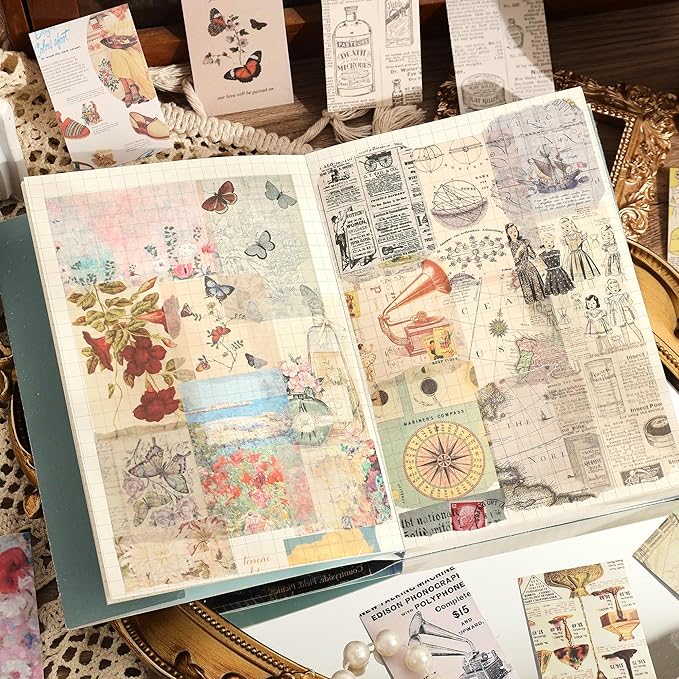 6 Sets 300 Pcs Washi Stickers Set Vintage Aesthetic Sticker Book for Journaling Decorative Scrapbook Floral Paper Sticker Kit for Scrapbooking, Bullet Journal, Art Craft Gifts, Notebook Making
