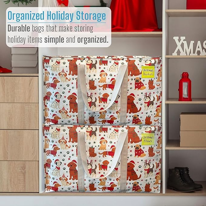 VENO 6 Pack Moving Bags and Large Christmas Storage Bins with lids. Alternative to Moving Boxes, Packing Supplies for College. Extra Large Heavy Duty Totes for Packaging (Holiday Pups, 6 Pack)