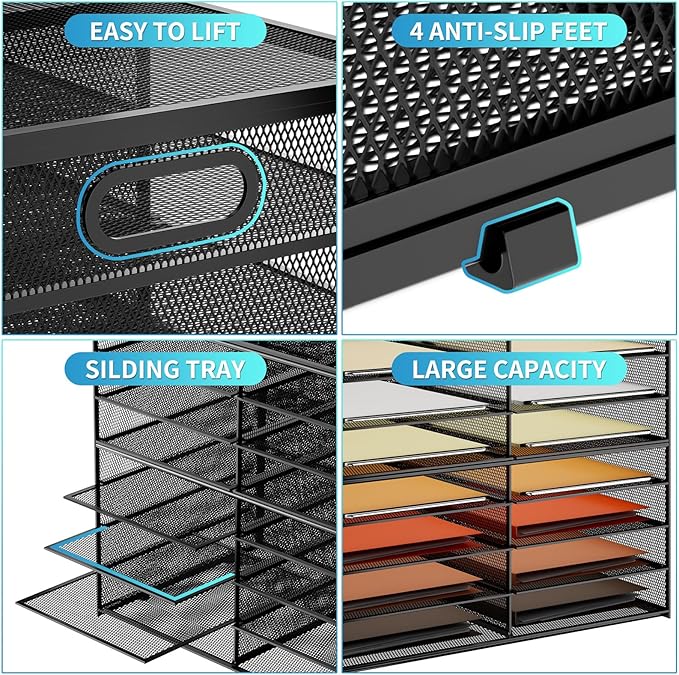 Marbrasse 8 Tier Desktop Literature Organizer, Mesh Paper Organizer Desk Organizers, File Sorter Mail Center Paper Storage Cabinet Classroom Keepers Mailbox for Office Home School, Black