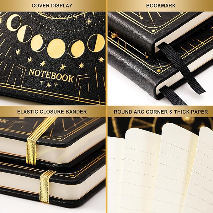 Artfan Ruled Notebook/Journal ā Premium Thick Paper Faux Leather Classic Writing Notebook with Pocket + Page Dividers Gifts, Banded, Large, 144 Pages, Hard Cover, Lined (5.8 x 8.4) - Sun and Moon