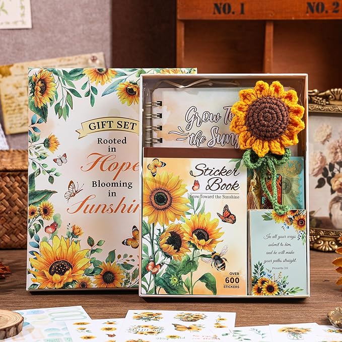 Sunflower Gift Set for Women - 25 Sheets Planner Stickers 600+ Stickers, Weekly Prayer Journal, Crochet Keychain, Metal Bookmark, 30 Prayer Cards, Gift for Women Teens, Christian Gifts, Birthday Gifts