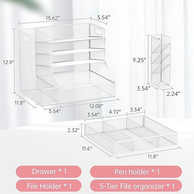SUPEASY Desk Organizer with File Holder, 5-Tier Mesh Paper Letter Tray and 3 Tilted File Sorter for Office Supplies, White