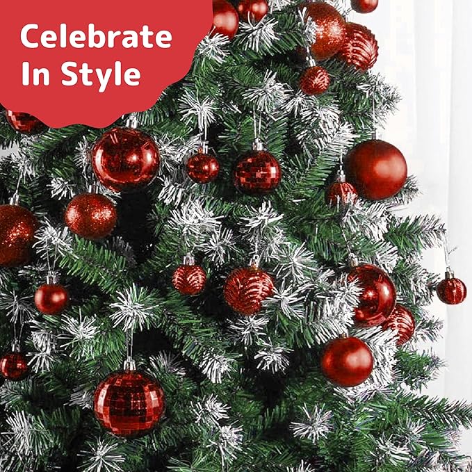 Prextex 36-Pieces Red Christmas Ornaments Set - Shatterproof, Festive Christmas Balls Decorations in 3 Sizes and 6 Styles with Hanging Loops for Tree, Wreath, and Dazzling Holiday Party Decor