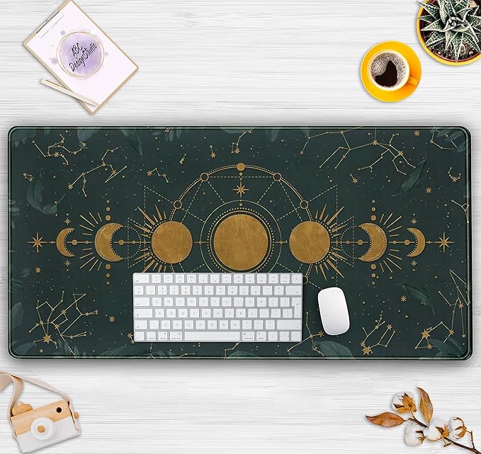Dark Academia Mousepad Forest Green XXL Desk Mat Gold Moon Phases Large Extended Mouse Pad Gaming Laptop Keyboard and Mouse Mat Desk Pad, Non-Slip Rubber Base with Stitched Edges, 31.5x15.75 in