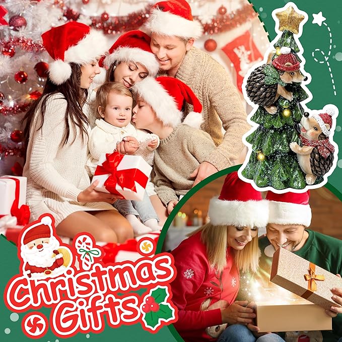 Christmas Hedgehog Statue with Lights for Christmas Decorations Indoor, Christmas Tree Hedgehog Figurine for Home Decor, Winter Xmas Holiday Decor for Table Shelf Mantle Fireplace,Xmas New Year Gifts