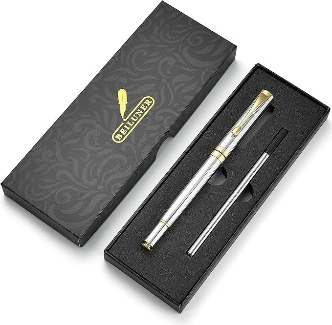 BEILUNER Ballpoint Pens, Stunning Bright Silver Chrome Metal Pen with Golden Trim, Best Ball Pen Gift Set for Men & Women, Professional, Executive, Office,Fancy-Gift Box with 0.5mm Black Extra Refill