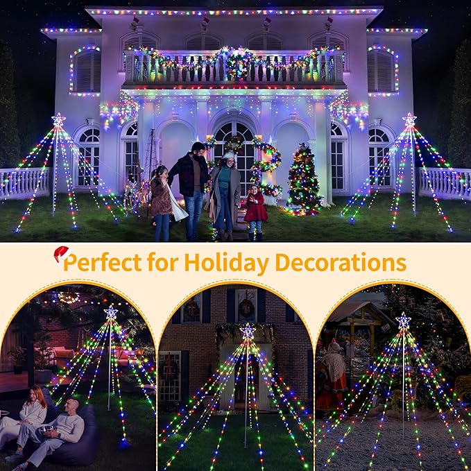 Ollny Christmas Lights Tree 340LED with Topper Star, IP67 Waterproof Remote Control Waterfall Lights with Pole, 16 Modes 3 Timers Dimmable Christmas Decorations Outdoor Yard Garden Lawn Multicolored