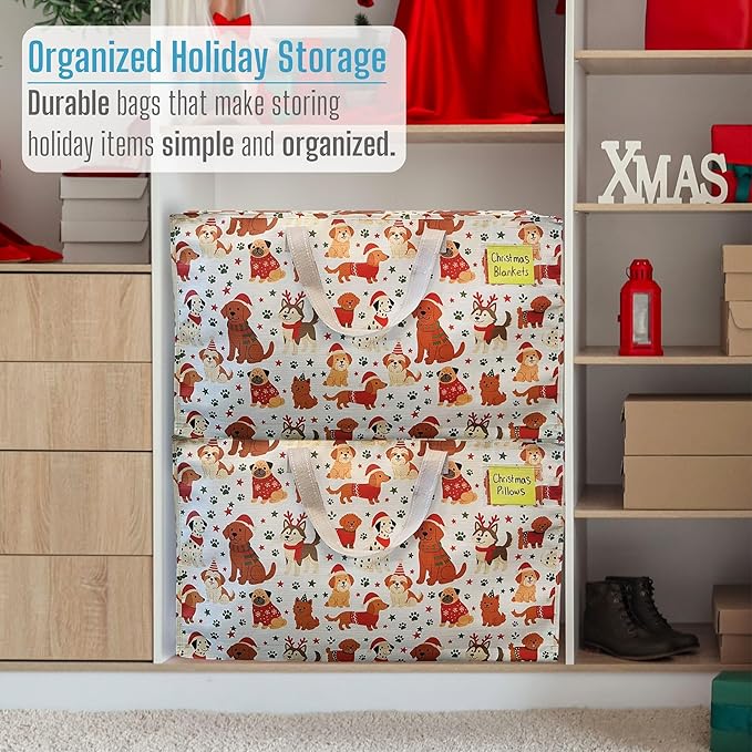 VENO 4 Pack Moving Bags and Large Christmas Decoration Storage Bins with lids. Alternative to Moving Boxes, Packing Supplies for College. Heavy Duty Totes (Holiday Pups, 4 Pack)