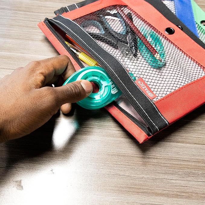 BAZIC Pencil Pouch 3 Ring Binder Pouch w/Rivet Enforced Rings Holes, Assorted Color Mesh Window Zipper Pouches, 24-Pack