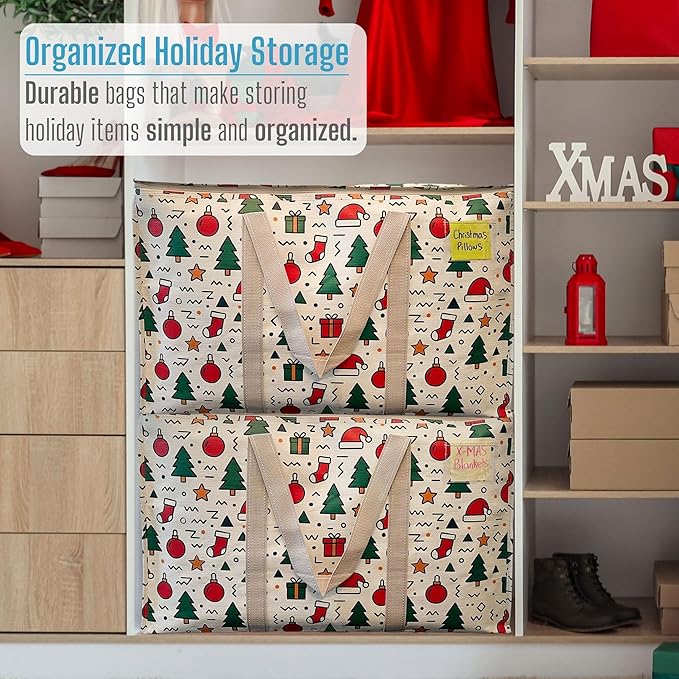 VENO 4 Pack Moving Bags and Large Christmas Storage Bins with lids. Alternative to Moving Boxes, Packing Supplies for College. Extra Large Heavy Duty Totes for Packaging (Jingle Mix, 4 Pack)