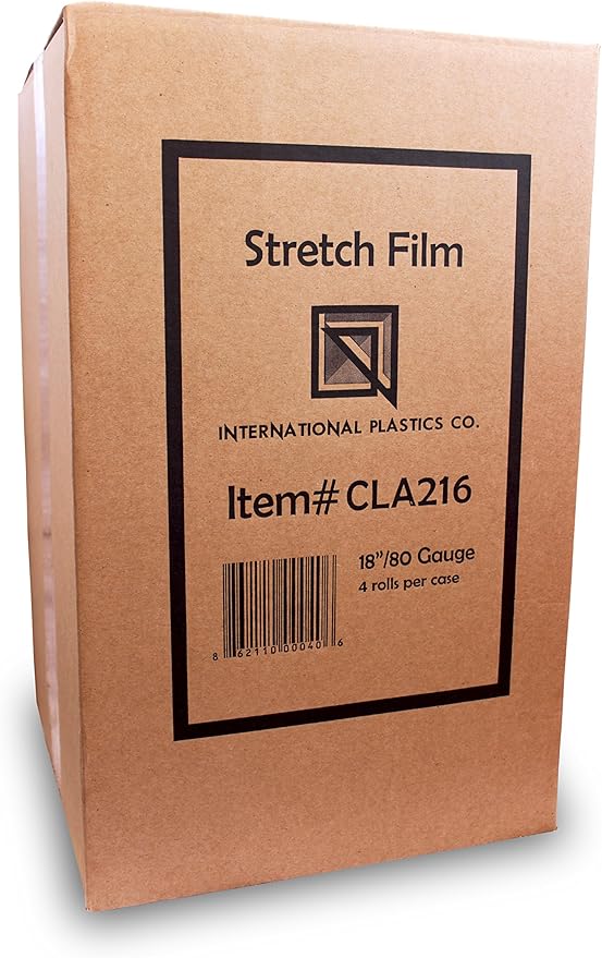 International Plastics Co. 18" Stretch Film/Wrap 1500 feet 7 Layers 80 Gauge Industrial Strength up to 800% Stretch 20 Microns Clear Durable Adhering Packing Moving Heavy Duty Shrink Film Box of 4