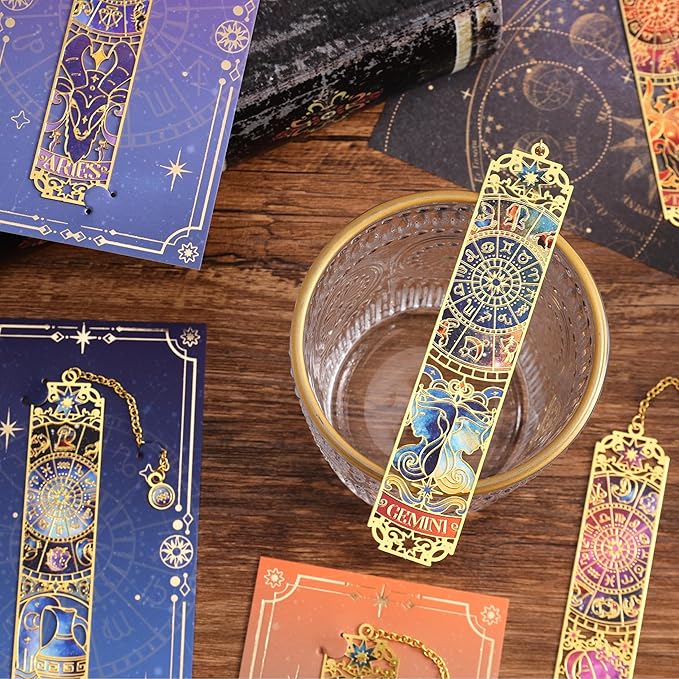 12 PCS Zodiac Theme Metal Bookmark for Women, Gold Hollow Astrology Bookmarks Set Funny Book Mark for Girls, Teenage, Student, Readers, Men, Horoscope Themed Gifts for Book Lovers, Birthday Present