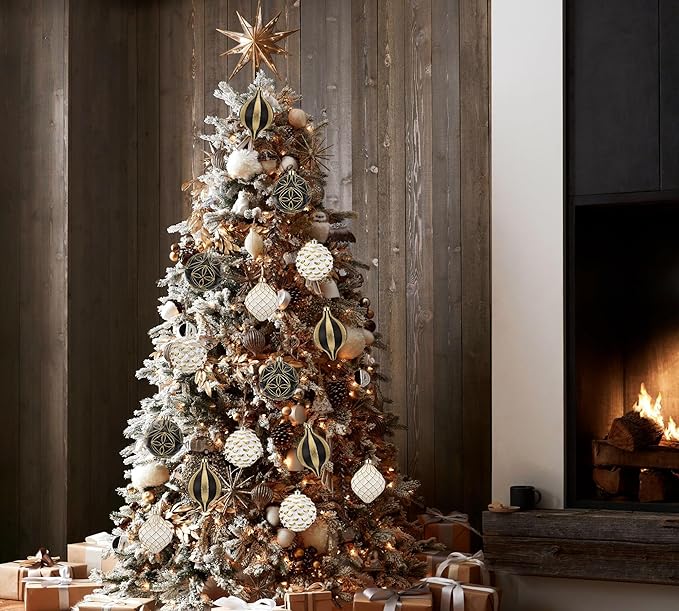 Hollyone 4.7 Inch Large Black and White and Gold Christmas Ornaments 4Pcs Balls Shatterproof Christmas Hanging Ornaments for Xmas Tree Decor Wedding Party Wreath Home Decor (Black & Gold, 120mm)